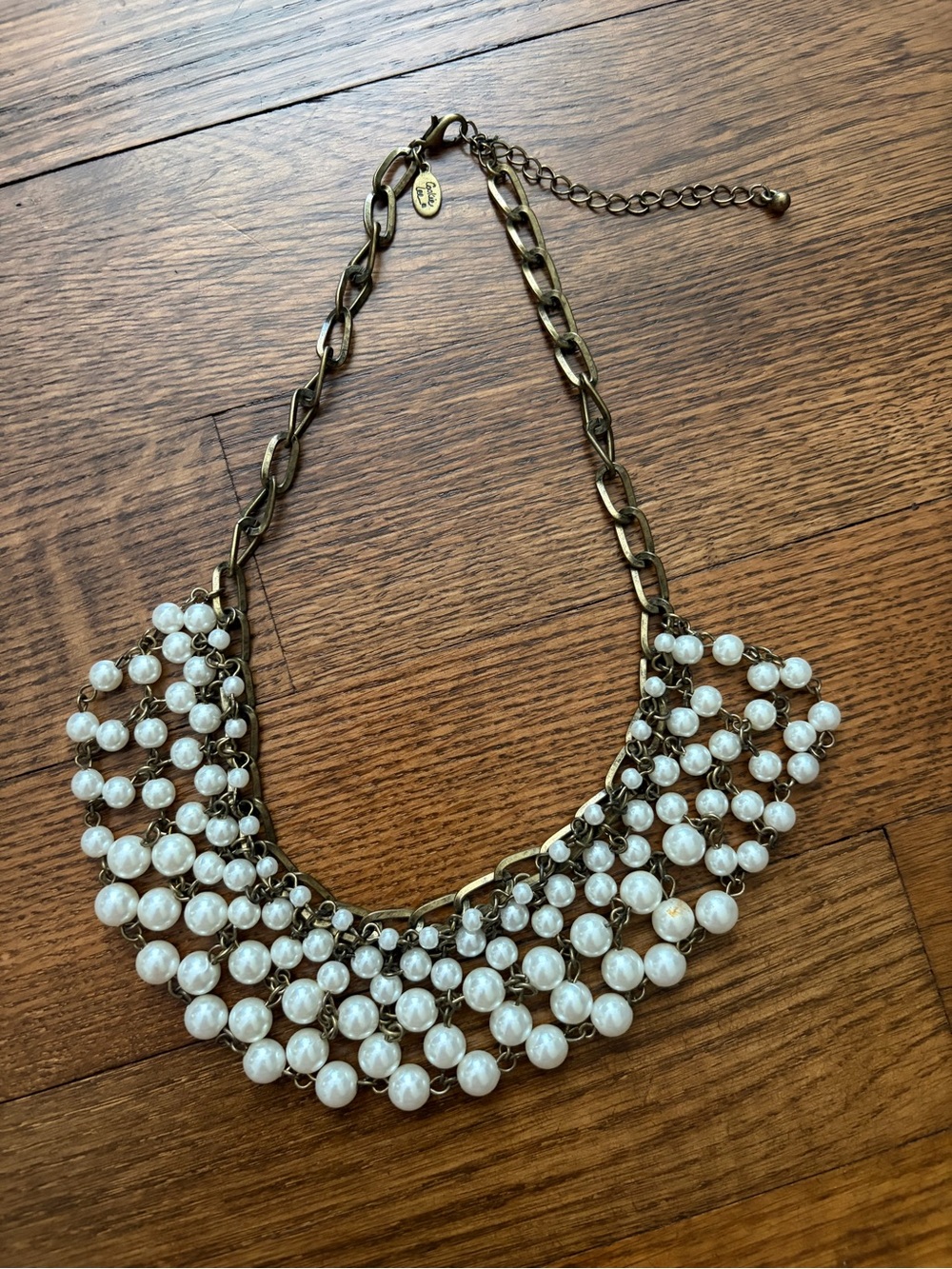 Vintage Cooke Lee Faux Pearl Bib Necklace Bronze Tone Chain